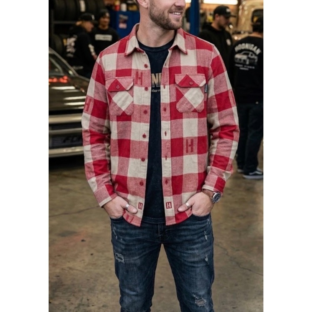 Hoonigan Mens Red‎ Tan Buffalo Check Flannel Button Down Shirt Logo Size Small